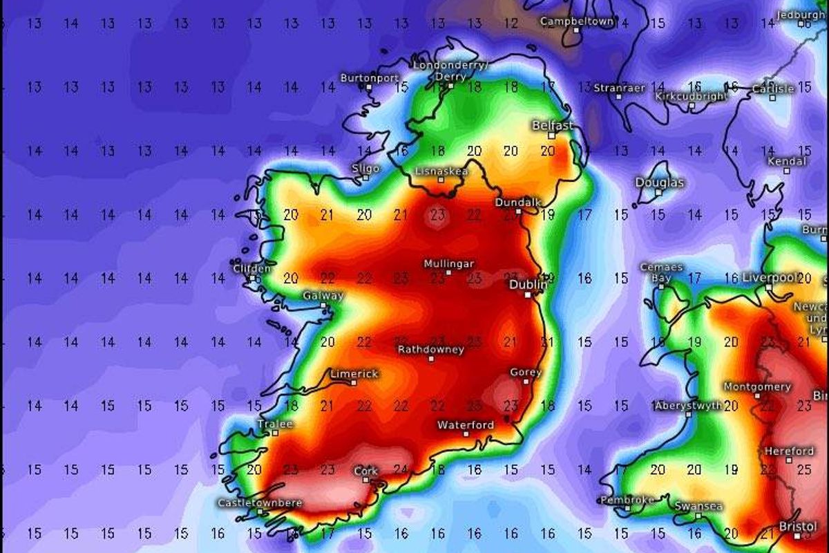 The latest forecast from the GFS model predicts temperatures to hit 23C in Ireland on Friday