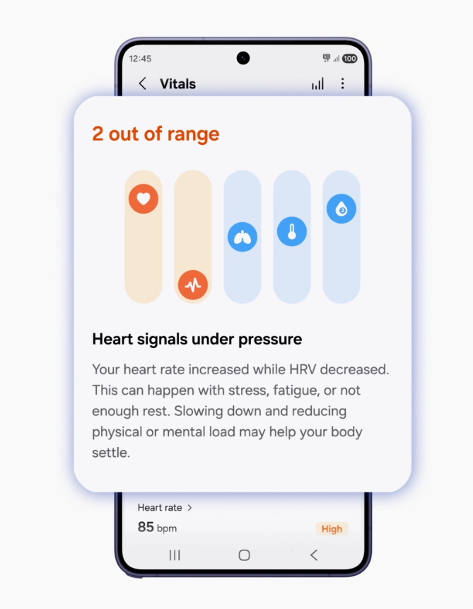Samsung Vitals showing two metrics out of range with HRV dropping below personal baseline