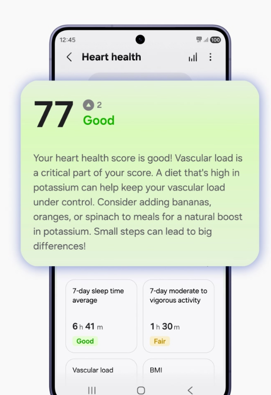 Samsung Heart Health Score showing 77 rated as good