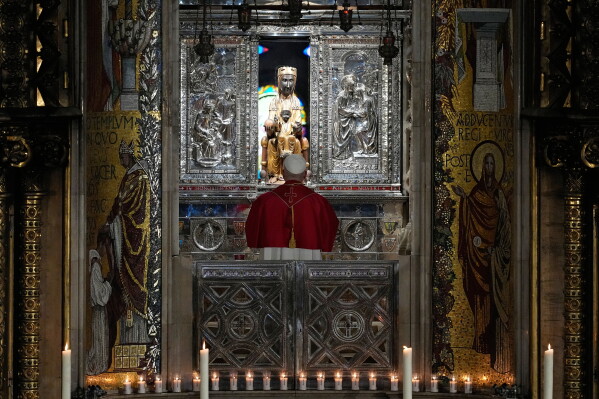 Pope Leo XIV leads a rosary prayer at the Abbey of Our Lady of Montserrat, in Montserrat, Spain, Wednesday, June 10, 2026. (AP Photo/Alessandra Tarantino)
