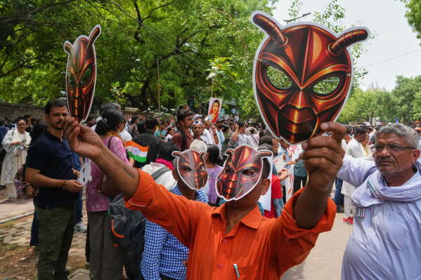 Supporters of the Cockroach Janta Party wear and display masks during a protest demonstration in New Delhi, India, Saturday, June 6, 2026. (AP Photo/Manish Swarup)