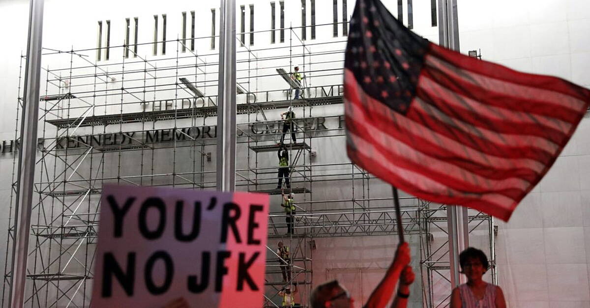 Workers begin removing Trump’s name from the Kennedy Centre
