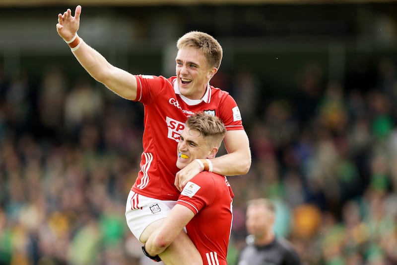 Cork's Tommy Walsh and Ian Maguire celebrate after beating Donegal in Saturday's Round 2A fixture in Ballybofey. Photograph: Laszlo Geczo/Inpho