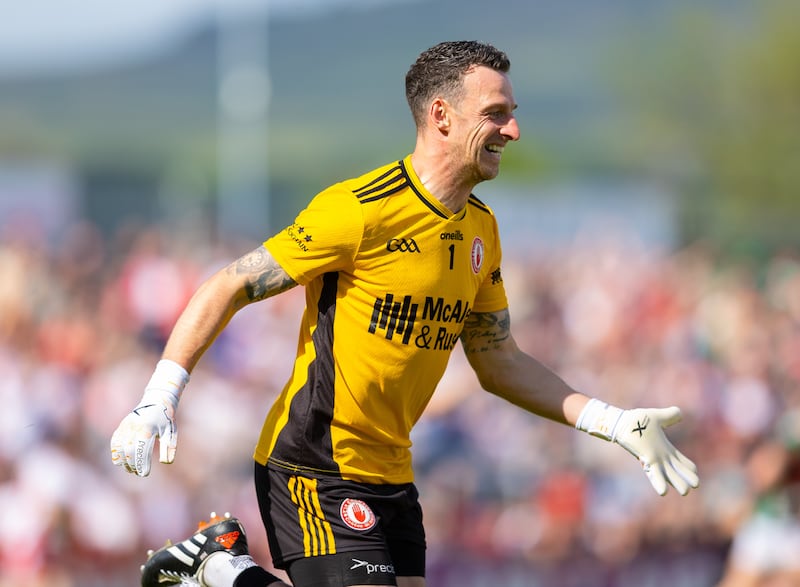 GAA All-Ireland Senior Football Championship Round 2A, O'Neill's Healy Park, Tyrone 14/6/2026
Tyrone vs Mayo 
Tyrone goalkeeper Niall Morgan celebrates his score during the closing stages of the Round 2A fixture against Mayo in Omagh. Photograph: Tom O’Hanlon/Inpho