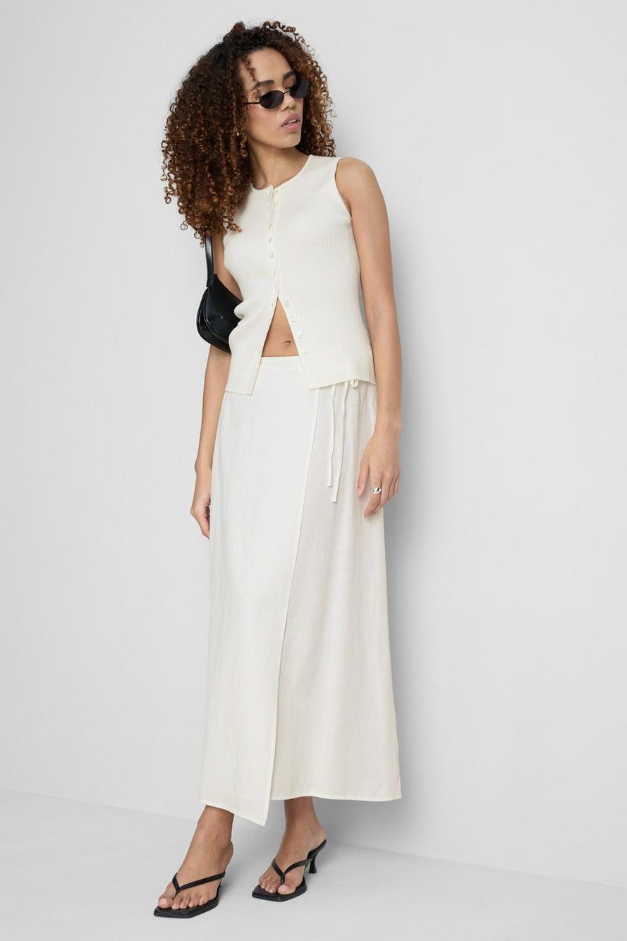 Cotton Blend Tie Side Midi Skirt