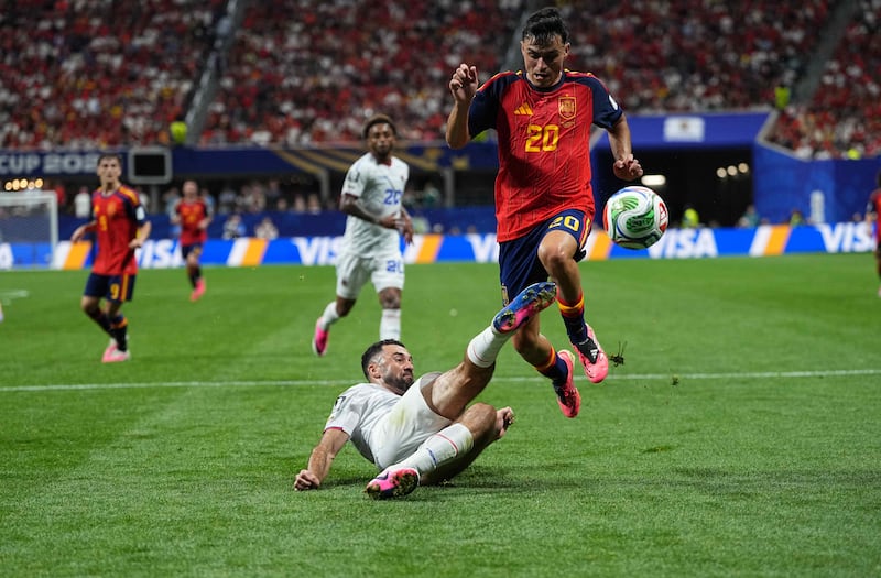 Cape Verde and Crumlin’s Pico Lopes tackles Pedri of Spain battle for the ball at the World Cup 2026 in their first group game. Photograph: Ulrik Pedersen/NurPhoto via Getty Images
