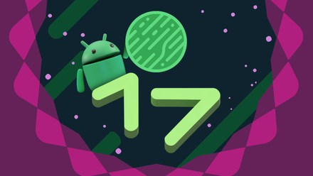 Android 17 graphic featuring the Android mascot behind the number 17 holding a green patterned sphere.