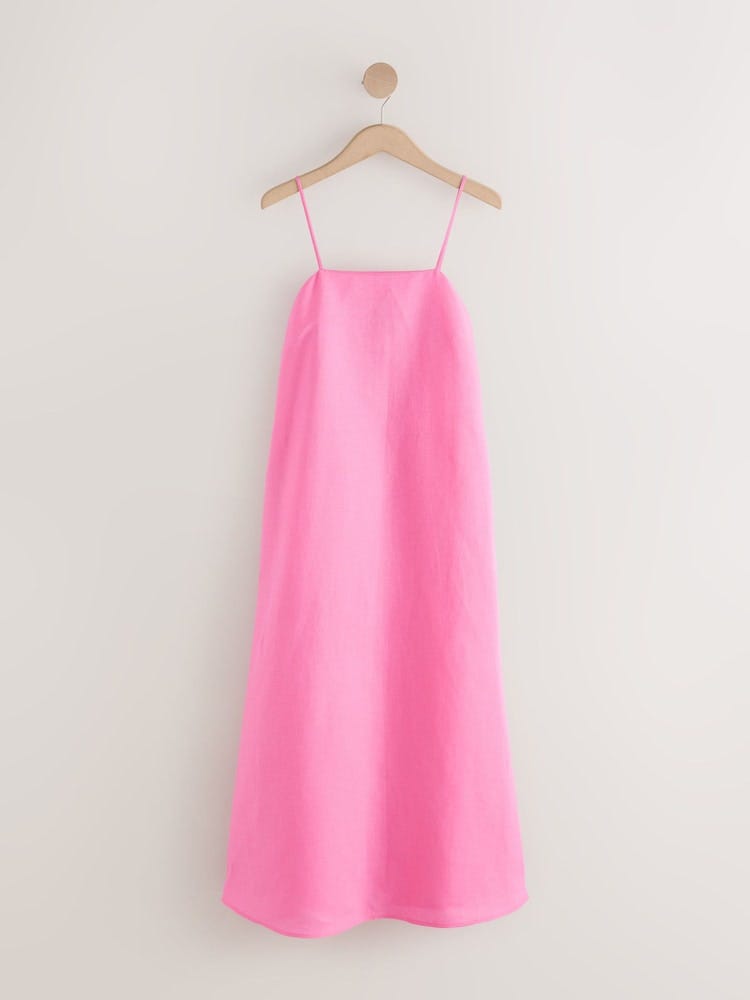 Bright Pink Linen Rich Square Neck Cami Midi Dress