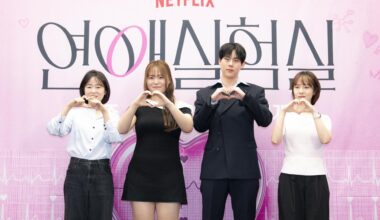 YouTuber Charles Engtertainment, second from left, and Monsta X member Joohoney, third from left, pose with co-producers Lee Jin-ju, left, and Kang You-min during a press conference for the Netflix reality dating series
