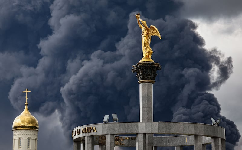 Smoke billows behind an Orthodox church following a reported Ukrainian drone attack, in Moscow, Russia. Photograph: EPA