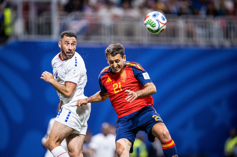 Cape Verde defender Pico Lopes (left) jumps for a header against Mikel Oyarzabal of Spain during the World Cup Group H match in Atlanta, Georgia, on June 15th. Photograph: Marvin Ibo Guengoer - GES Sportfoto/Getty Images
