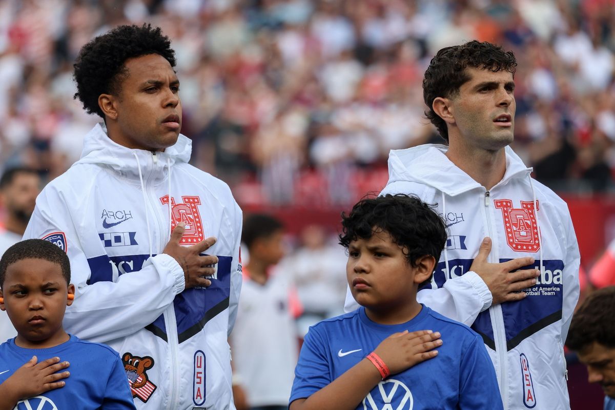 Weston McKennie (8 USMNT) and Christian Pulisic (10 USMNT) are seen during the national anthem before the International friendly game between the US Men's National Team and Germany