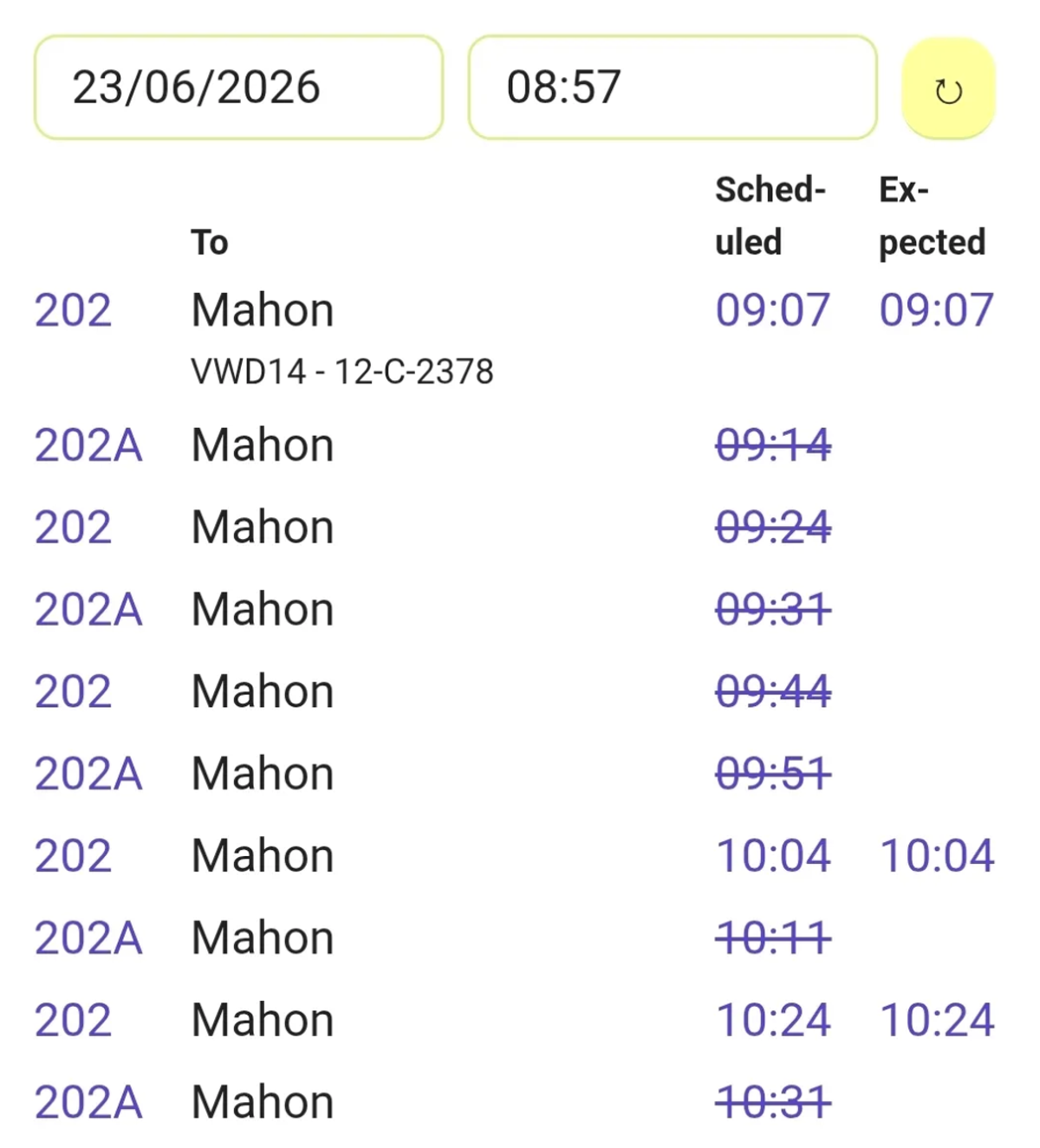 Cancellations shown on bustimes.org on the 202/202A route on Tuesday morning