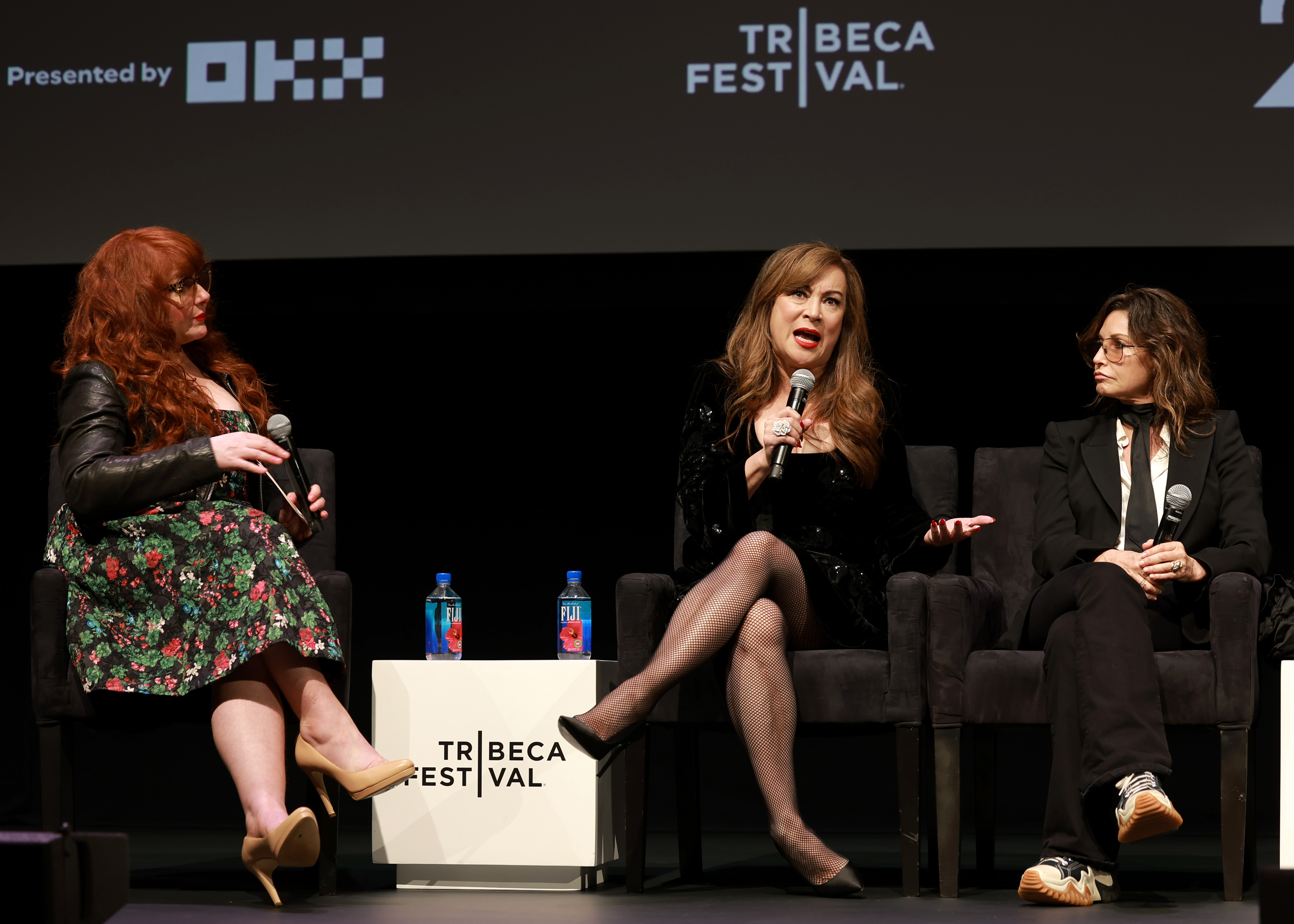 NEW YORK, NEW YORK - JUNE 07: (L-R) Julie Klausner, Jennifer Tilly, and Gina Gershon speak at the 