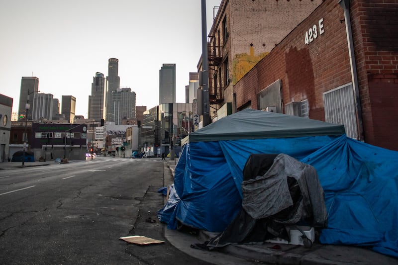 A homeless encampment in Skid Row, Los Angeles. Photograph: Apu Gomes/Getty Images