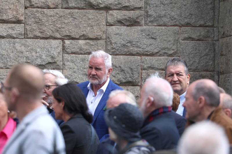 Rugby analyst Brent Pope among the mourners at Fergus Slattery's funeral at St Joseph’s Church, Glasthule. Photograph: Stephen Collins/Collins Photos