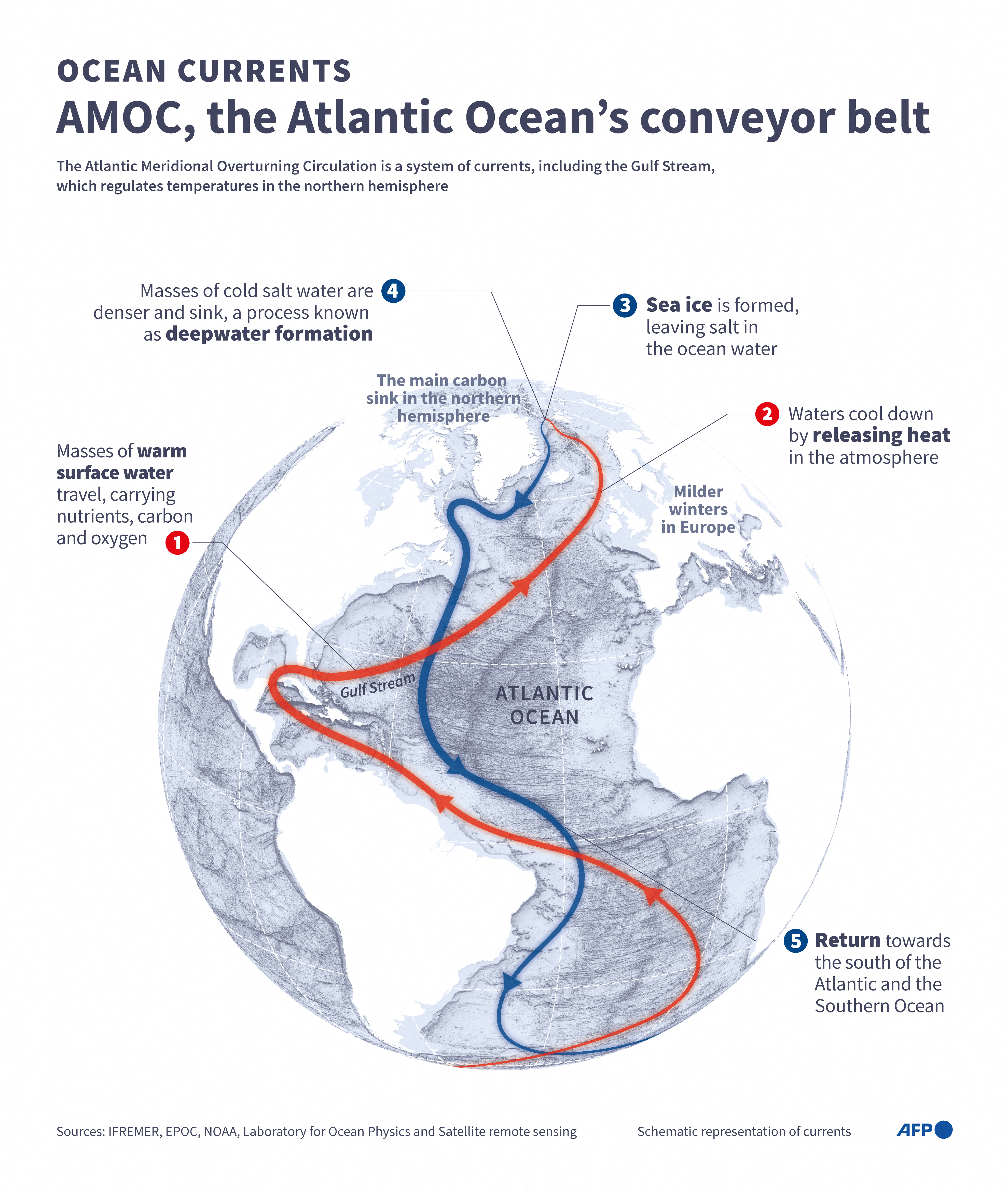 A graphic of the AMOC, showing a conveyor belt of warm water flowing to the northern hemisphere, and cold water flowing south.