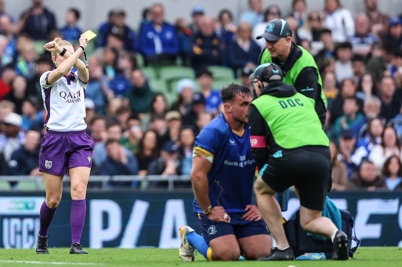 Referee Hollie Davidson upgraded Ruan Ackermann's yellow card to a 20-minute red card following a bunker review during Saturday's URC semi-final between Leinster and Stormers at the Aviva Stadium. Photograph: Ben Brady