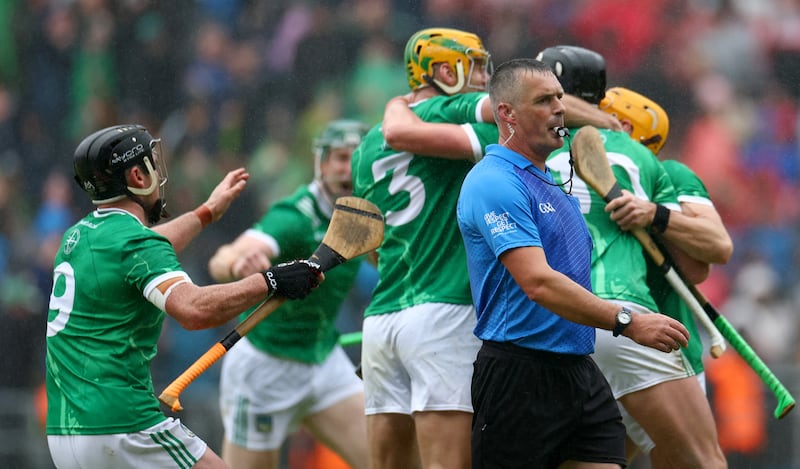 Referee James Owens at the final whistle of Munster final. Photograph: James Crombie/©INPHO
