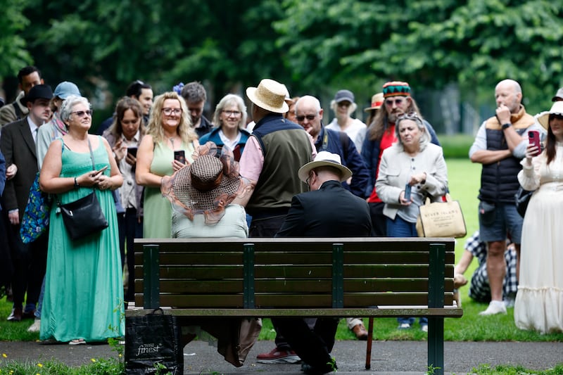 Local actors recreate a scene from the lives of James Joyce and Nora Barnacle in Ringsend Park on Tuesday. Photograph: Nick Bradshaw/The Irish Times