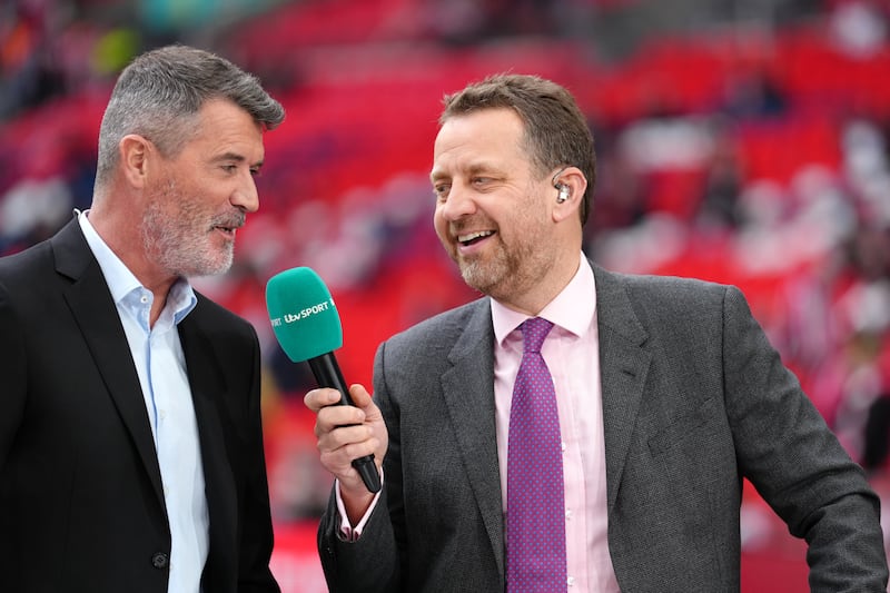 ITV World Cup presenter Mark Pougatch with Roy Keane at Wembley Stadium in 2023.