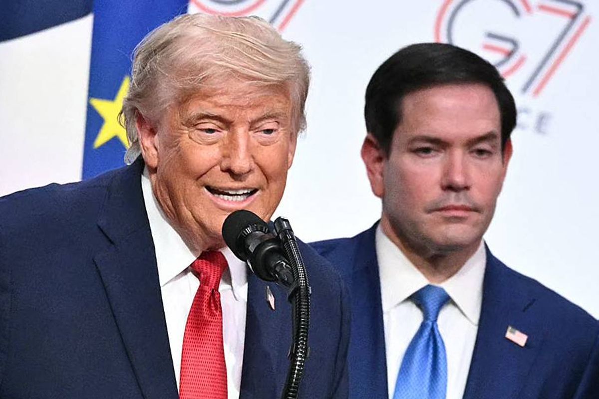 US President Donald Trump (L) addresses the media alongside US Secretary of State Marco Rubio (R) during a closing press conference at the G7 summit, in Evian, eastern France, on June 17, 2026. A G7 summit is set to take place June 15 to 17 in the French town of Evian-les-Bains near Switzerland and it will be attended by country leaders as well as the EU's foreign policy chief and ministers from Brazil, Canada, the United Arab Emirates and Turkey. (Photo by Mandel NGAN / AFP via Getty Images)