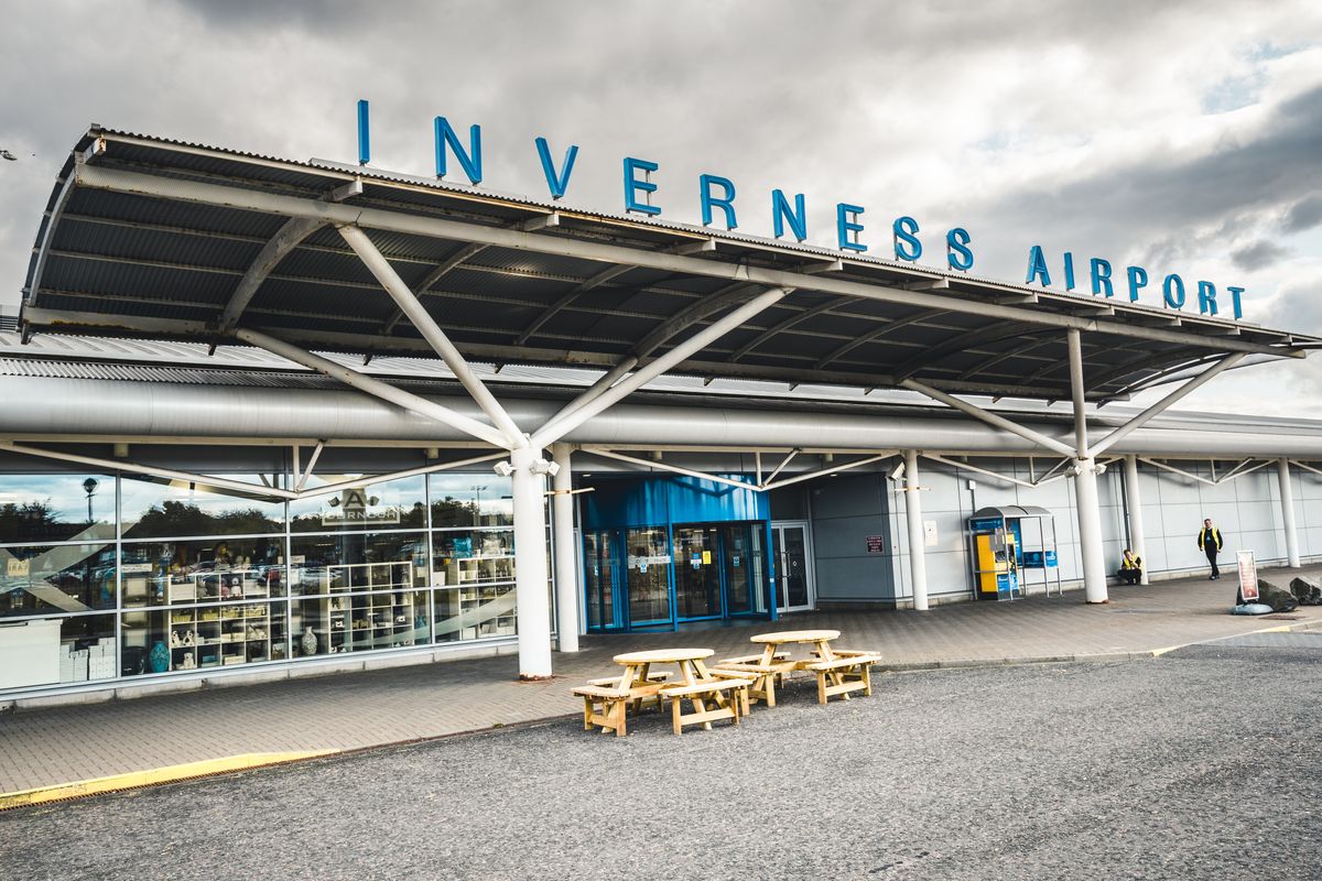 Main entrance to Inverness Airport in the Highlands Region of Scotland. Located 12km east of Inverness, the airport mainly handles flights within the UK, but also holiday destinations to Europe.