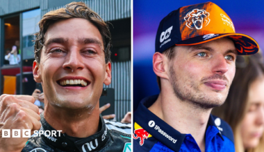 A split picture of Austrian Grand Prix race winner George Russell on the left and second place finisher Max Verstappen on the right