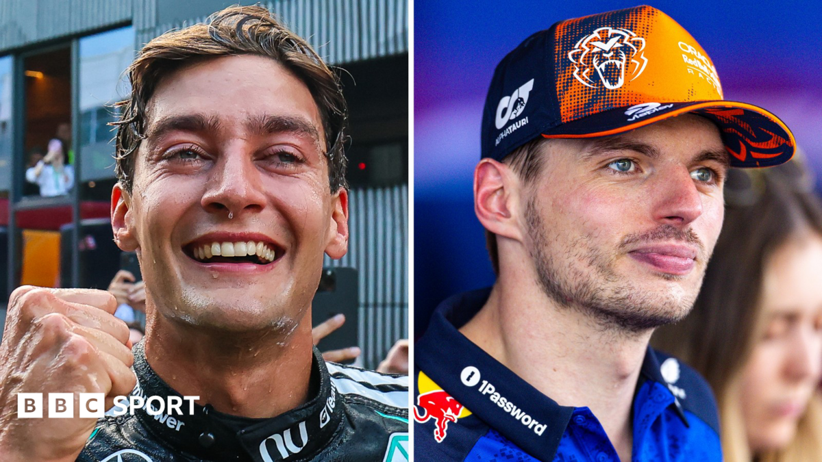 A split picture of Austrian Grand Prix race winner George Russell on the left and second place finisher Max Verstappen on the right