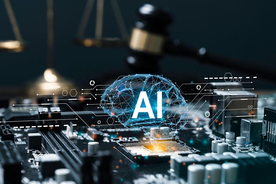 A computer chip with a brain hovering over it with the letters AI printed on it. 