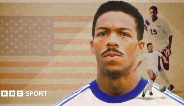 Graphic showing Desmond Armstrong against a background of the USA flag