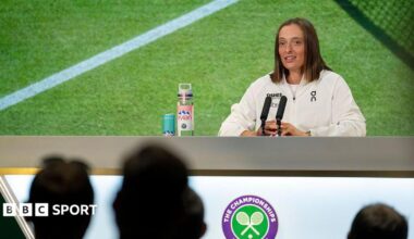 Iga Swiatek speaks to the media at Wimbledon in 2025