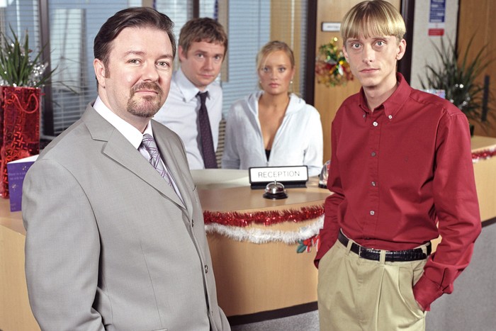 Ricky Gervais as David Brent, Mackenzie Crook as Gareth Keenan, Lucy Davis as Dawn and Martin Freeman as Tim.