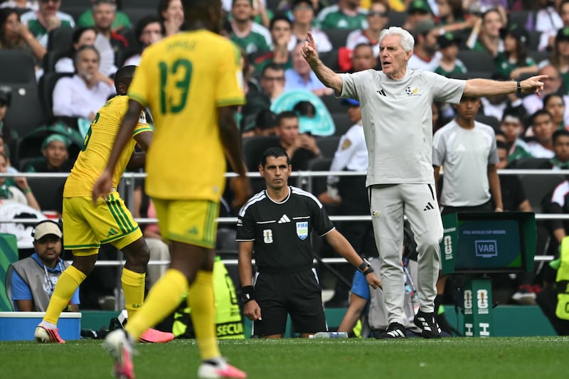South Africa head coach Hugo Broos issues instructions to his players during Thursday's World Cup Group A defeat to Mexico at Azteca Stadium, Mexico City. Photograph: Yuri Cortez/ AFP via Getty Images