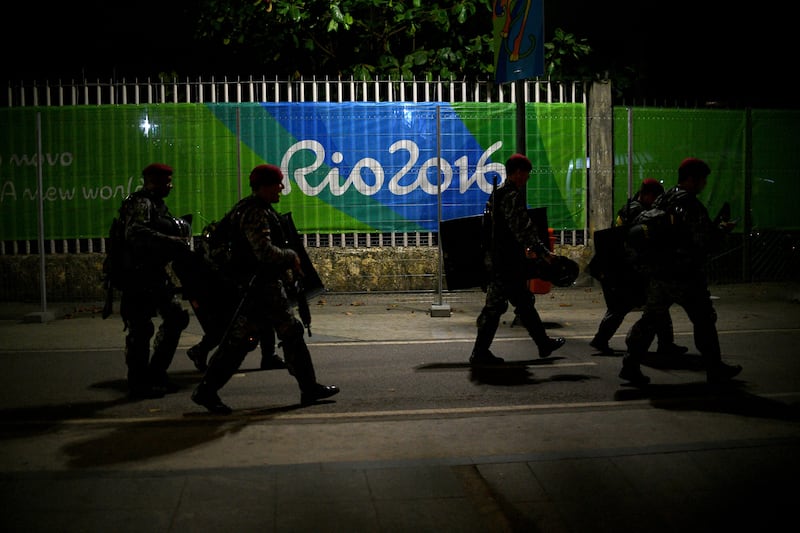 Brazilian security forces outside the Maracana stadium before the opening ceremony of the Rio 2016 Olympic Games. Photograph: Johannes Eisele/Getty