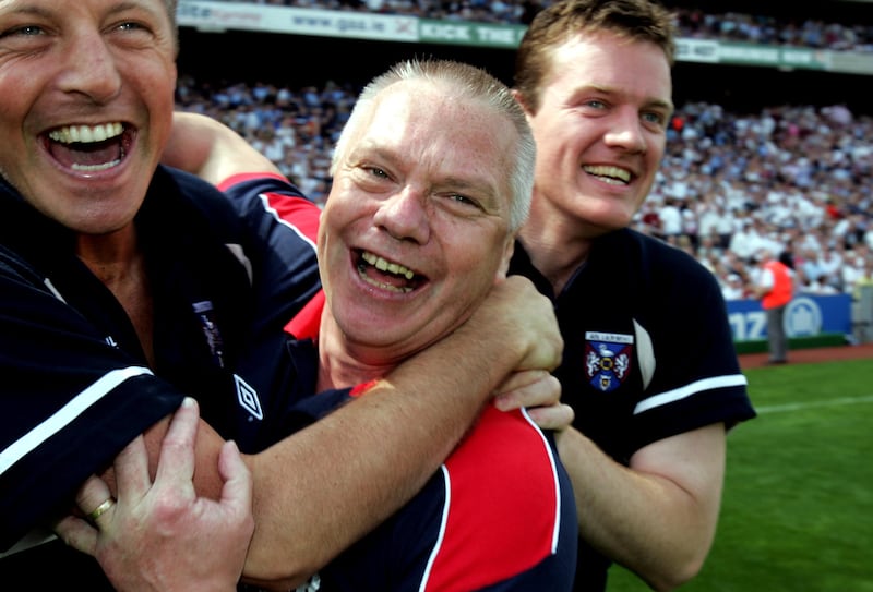 Páidí Ó Sé (centre) celebrates after his Westmeath team beat Dublin in the 2004 Leinster Senior Football Championship quarter-final at Croke Park. Photograph: Eric Luke