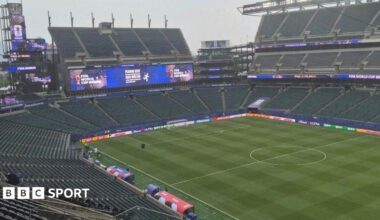 Rain falls on the Philadelphia Stadium before the World Cup game between France and Iraq