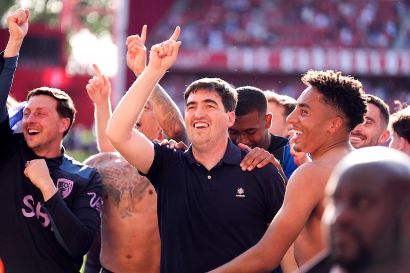 Andoni Iraola with Bournemouth players at the City Ground after playing Nottingham Forest, his last game in charge. Photograph: Mike Egerton/PA