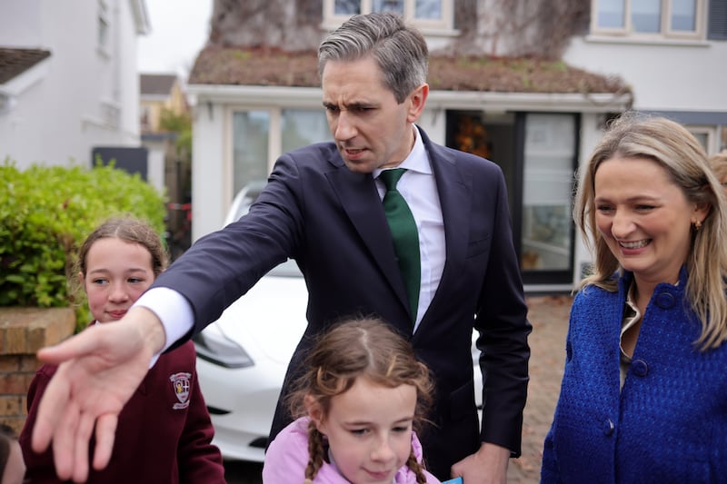 Taoiseach Simon Harris canvassing with Emer Currie in Castleknock, Dublin, in 2024. Photograph: Chris Maddaloni

