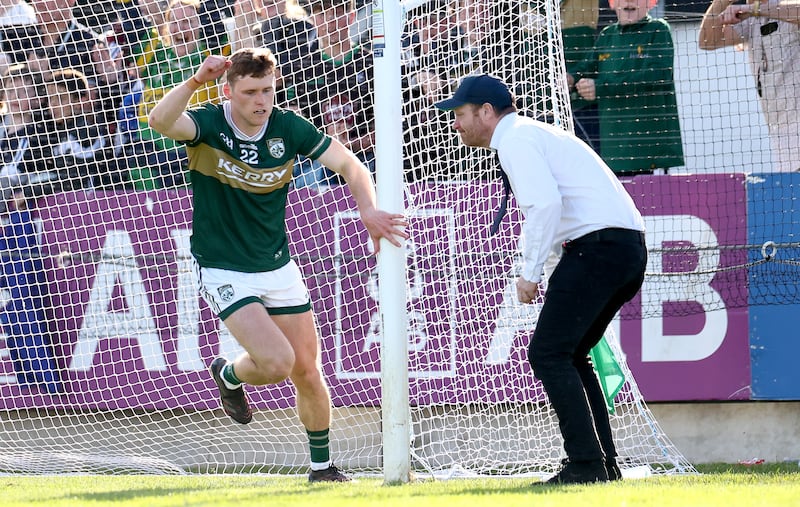 Gavin White celebrates scoring a late goal for Kerry in their victory against Kildare at St Conleth's Park, Kildare, last Saturday. Photograph: James Crombie/Inpho