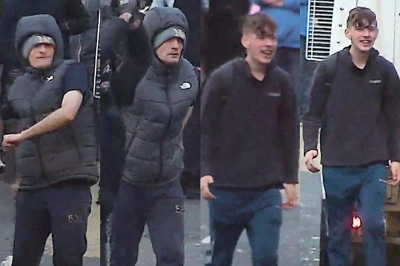 The PSNI said it would like to speak with the people in these images in connection with serious public disorder on 9th June 2026 in the Belfast area. Photograph: PSNI