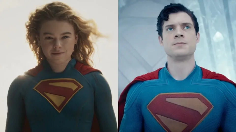Kara Zor-El (Milly Alcock) smiles in Supergirl, while Ka-El (David Corenswet) looks concerned in Superman.