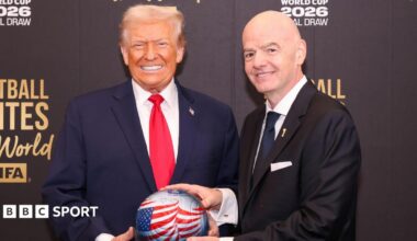 US president Donald Trump and Fifa president Gianni Infantino holding a football