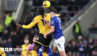 Everton's Michael Keane pulls the hair of Wolves' Tolu Arokodare