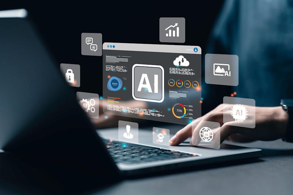 AI and a list of apps floating above the laptop.