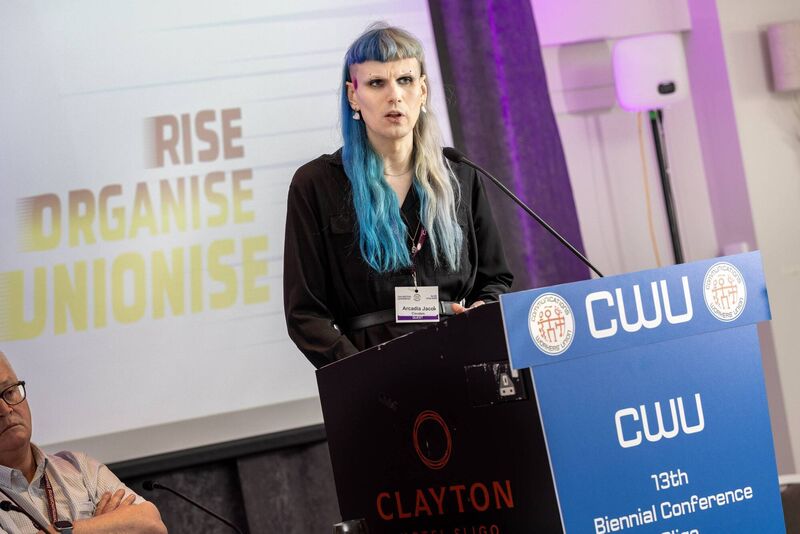 CWU member at Covalen, Arcadia Jacob, addresses over 300 branch delegates at the 13th Biennial Conference of the Communications Workers’ Union in Sligo. Picture: Finbarr O'Rourke