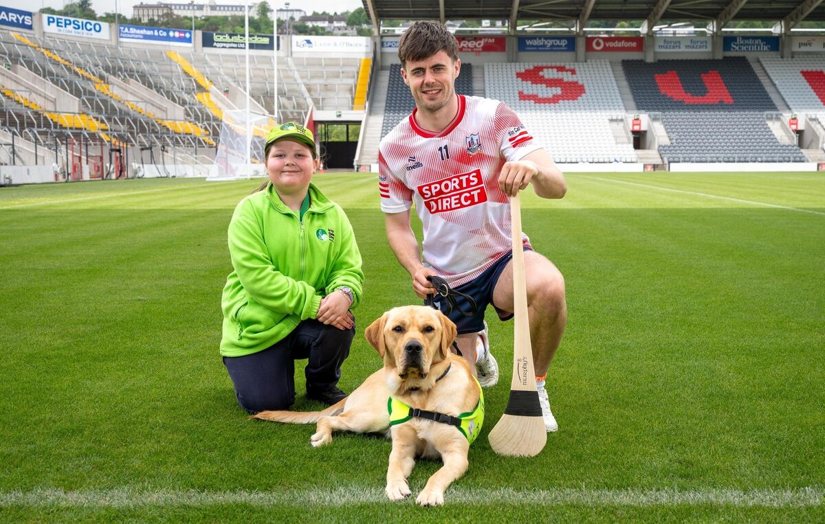 Emma McLaughlin with Irish Guide Dogs Assistance Dog in Training Peíl, sponsored by the Gaelic Players Association, giving a pre-match team talk to Cork captain Darragh Fitzgibbon ahead of their match against Limerick. Picture: John Allen