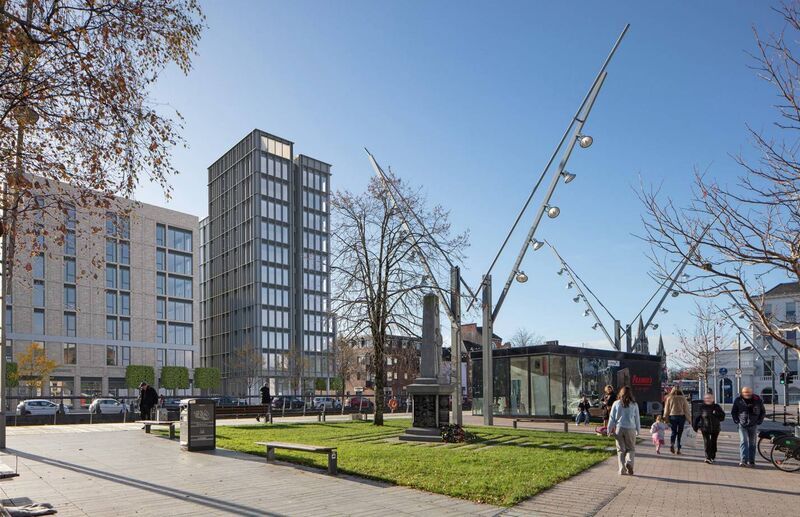 Computer-generated image of the planned student apartment development by Bam on the former tax office site on Cork's Sullivan's Quay. Image: Pedersen Focus