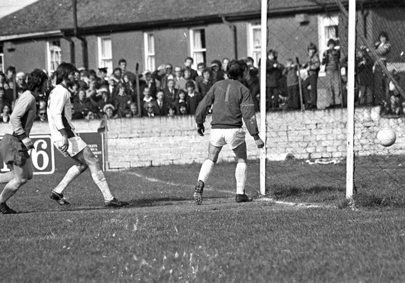 Soccer at Turners Cross. Bobby Tambling scores the third goal for Cork Celtic against St Pat's in 1974