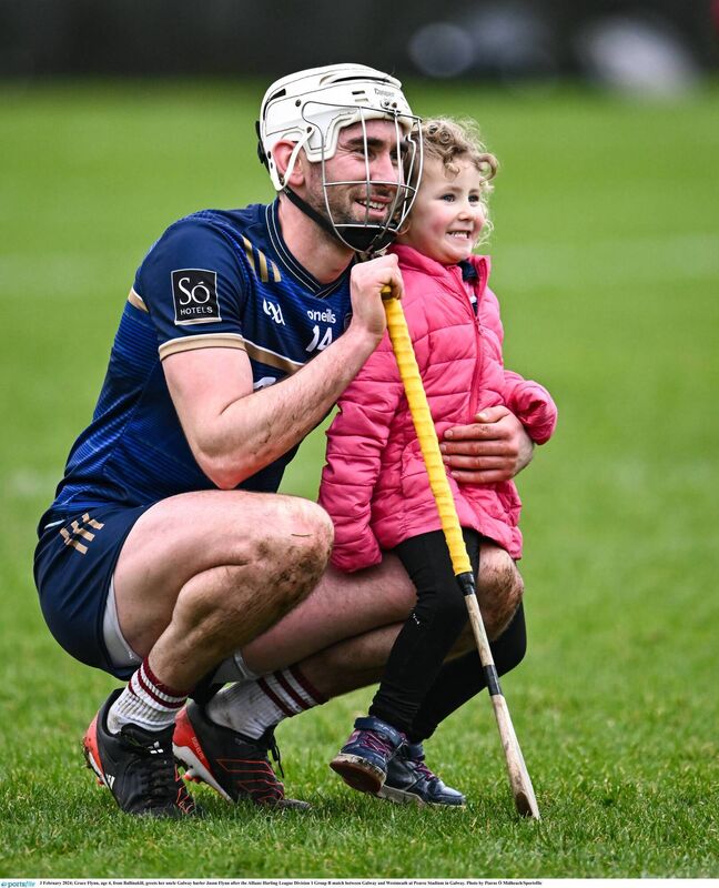 Four-year-old Grace Flynn with her proud uncle Jason Flynn after Galway's Allianz Hurling League Division 1 tie against Westmeath at Pearse Stadium. Pic: Piaras Ó Mídheach/Sportsfile